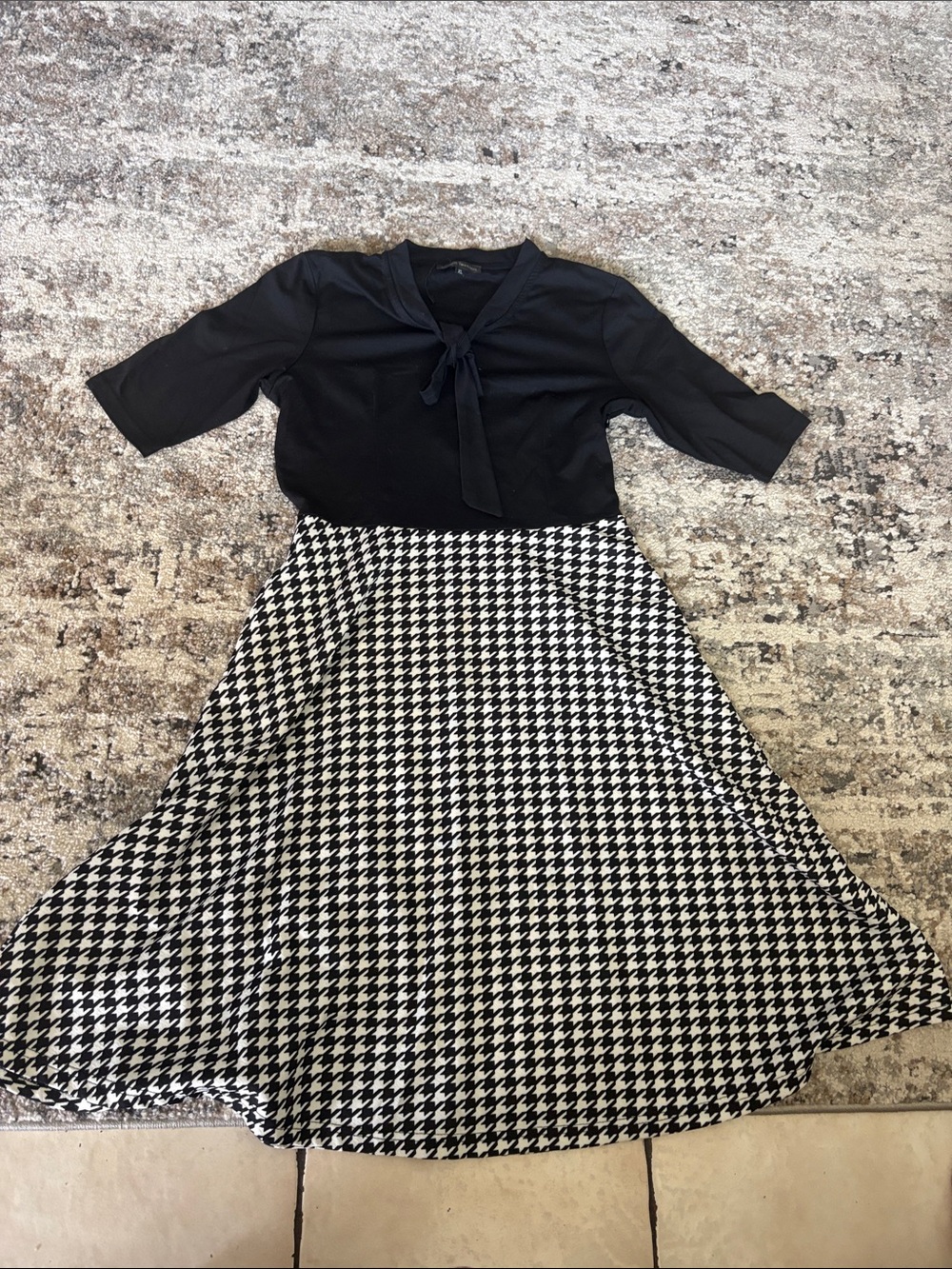 Black Knit Top with Black & White Houndstooth Midi Skirt Dress
